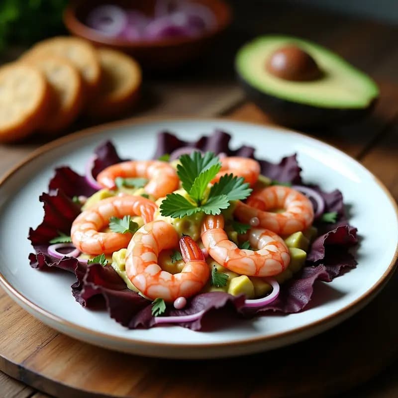 Plato elegante con ceviche de camarones rosados marinados, cubos de palta verde cremosa y camote morado asado, decorado con semillas de sésamo y cilantro fresco sobre hojas de lechuga morada, receta peruana colorida y nutritiva.