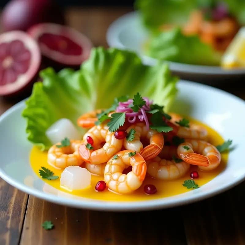 Ceviche de camarones peruanos con leche de tigre de maracuyá servido en hoja de lechuga romana, decorado con semillas de granada y cilantro fresco. Plato fresco, vibrante y gourmet con toques cítricos y afrodisíacos.