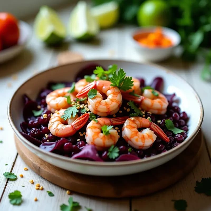 Ceviche de camarones peruano con maíz morado servido en vasitos de cristal transparente, rodeado de chifles de camote dorados y hojas de cilantro fresco. Los camarones rosados y el maíz morado crean un contraste vibrante sobre una base de leche de tigre amarilla. Foto en plano cenital con luz natural.