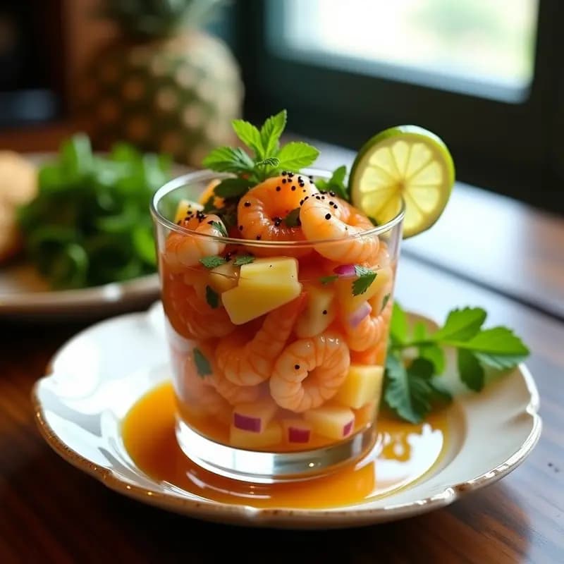 Ceviche de camarones con piña y chile de árbol servido en copa de cristal, con trozos de piña dorada, camarones rosados, cebolla morada, cilantro fresco y semillas de sésamo espolvoreadas, receta peruano-asiática fusion fresca.