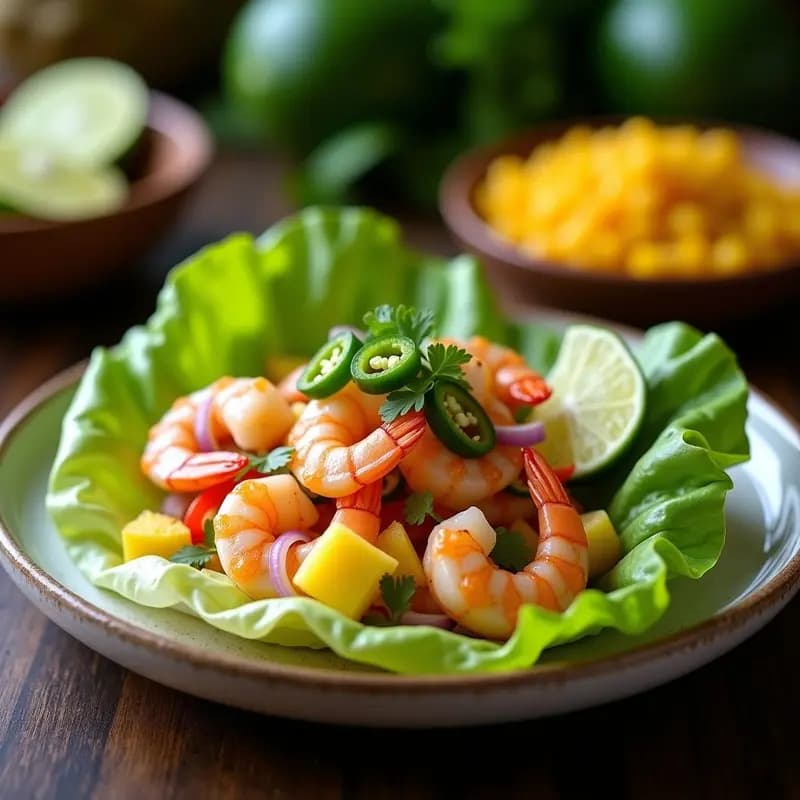 Ceviche de camarones con piña y jalapeño servido sobre hojas de lechuga romana, decorado con aros de jalapeño y acompañado de maíz tostado, en un plato blanco rústico con fondo de madera oscura.
