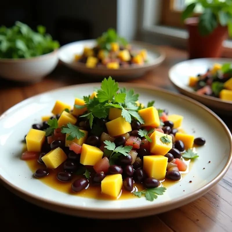 Ceviche de caraotas negras y mango vegano con leche de coco, servido en un plato hondo de cerámica blanca. Las caraotas negras brillantes se mezclan con cubos de mango verde, cebolla morada, cilantro fresco y trozos de aguacate. Decorado con una rodaja de lima y hojas de cilantro, con un fondo rústico que resalta los colores tropicales.