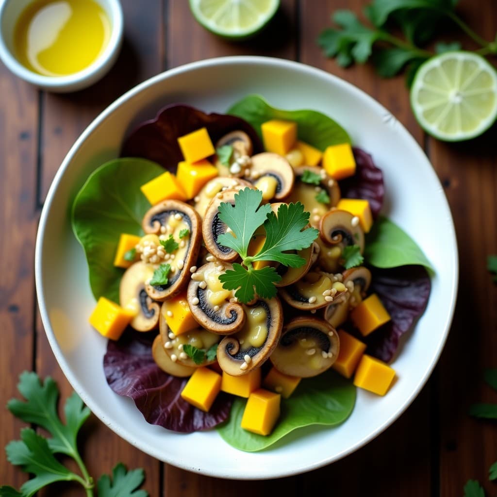 Plato hondo de cerámica blanca con ceviche vegano de champiñones Portobello en láminas gruesas, mango en cubos dorados y leche de tigre de aguacate cremosa, servido sobre hojas de lechuga morada. Decorado con semillas de sésamo y cilantro fresco. Luz natural resaltando los colores vibrantes.