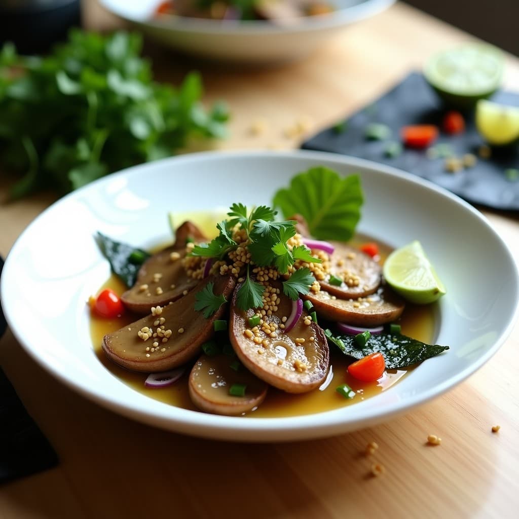 Plato blanco hondo con ceviche vegano de champiñones portobello en tiras marron dorado, alga nori en láminas negras, cebolla morada, pimiento rojo y crujiente de sésamo dorado. Decorado con cilantro fresco y semillas de sésamo. Receta fusion peruano-japonesa.