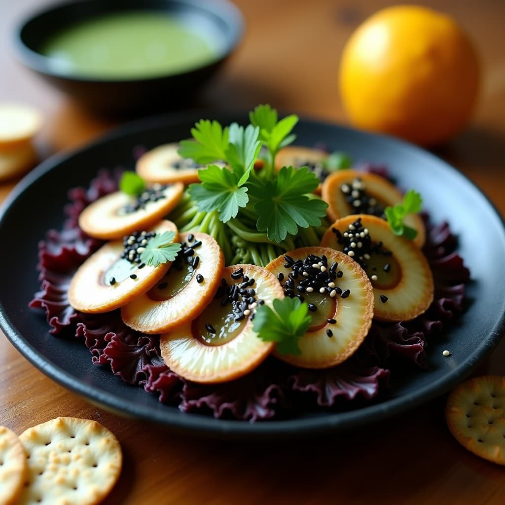Plato de ceiche vegano fusion con rodajas gruesas de champiñones portobello marinado en leche de tigre, decorado con tiras de algas nori tostadas, semillas de sésamo negro y cilantro fresco sobre hojas de lechuga morada, acompañado de crackers de arroz.