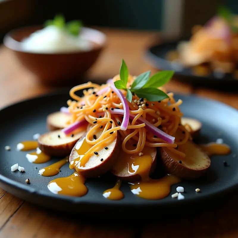 Plato de ceiche japonés fusion con láminas de champiñones portobello marados en leche de tigre de miso y yuzu, decorado con algodón de azúcar de mar dorado, cebolla morada, pimiento amarillo y hojas de shiso sobre un fondo rústico de madera.