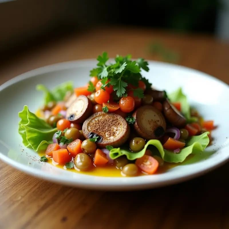 Plato blanco con ceviche de champiñones portobello en láminas marronadas, trozos de tomate de árbol naranja, cebolla morada picada y cilantro verde, servido sobre hojas de lechuga fresca. Receta crudivegana fusion andina con toque cítrico.
