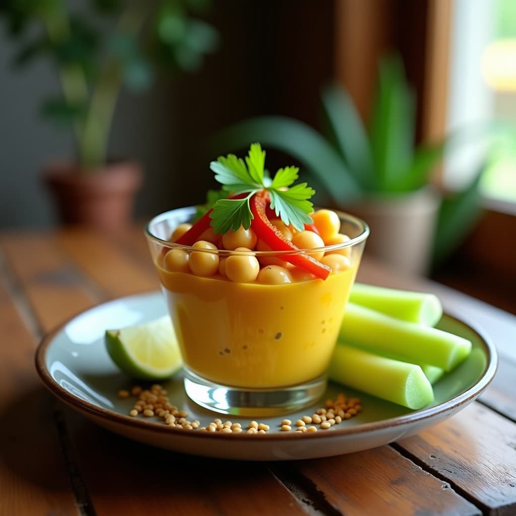 Ceiche de chickpea y pimiento asado vegano servido en copa de cristal con leche de tigre amarilla, decorado con cilantro fresco, rodajas de lima y algas nori, sobre fondo rústico de madera.