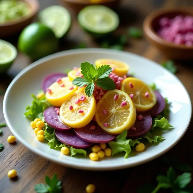 Ceviche de choros zapatos con limón verde servido en plato hondo sobre rodajas de camote morado y choclo, decorado con culantro y ají charapita, receta peruana auténtica.