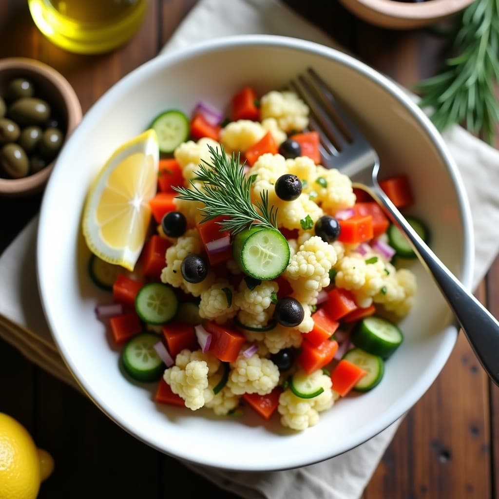Plato blanco hondo con ceviche de coliflor y aceitunas Kalamata vegano griego, decorado con eneldo fresco y rodajas de limón, sobre fondo de madera rústica.