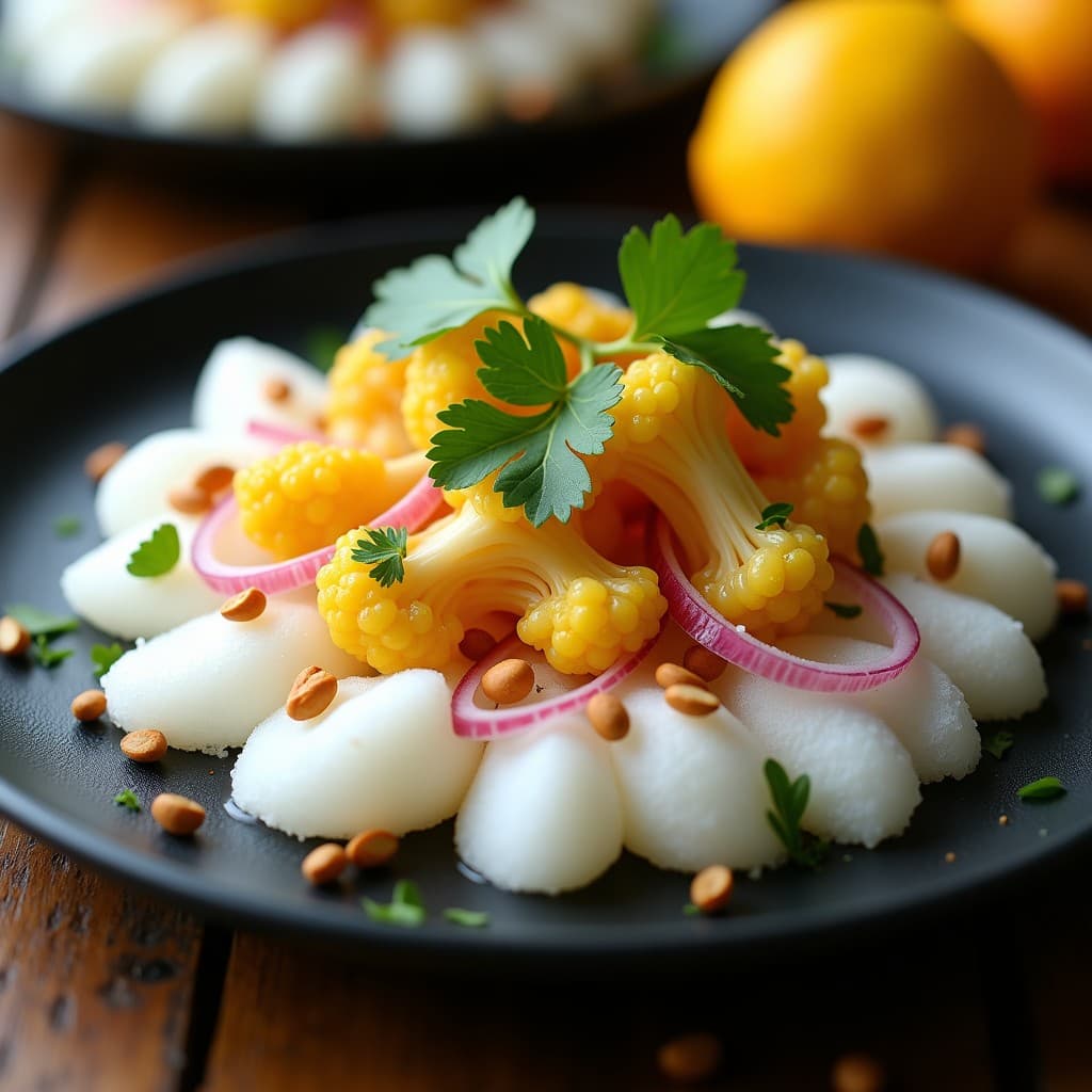 Ceviche vegano de coliflor marinada en cítricos con algodón de azúcar rosado sobre copas de cristal, decorado con cilantro fresco y semillas de sésamo. Plato colorido y sofisticado con contraste dulce-salado.