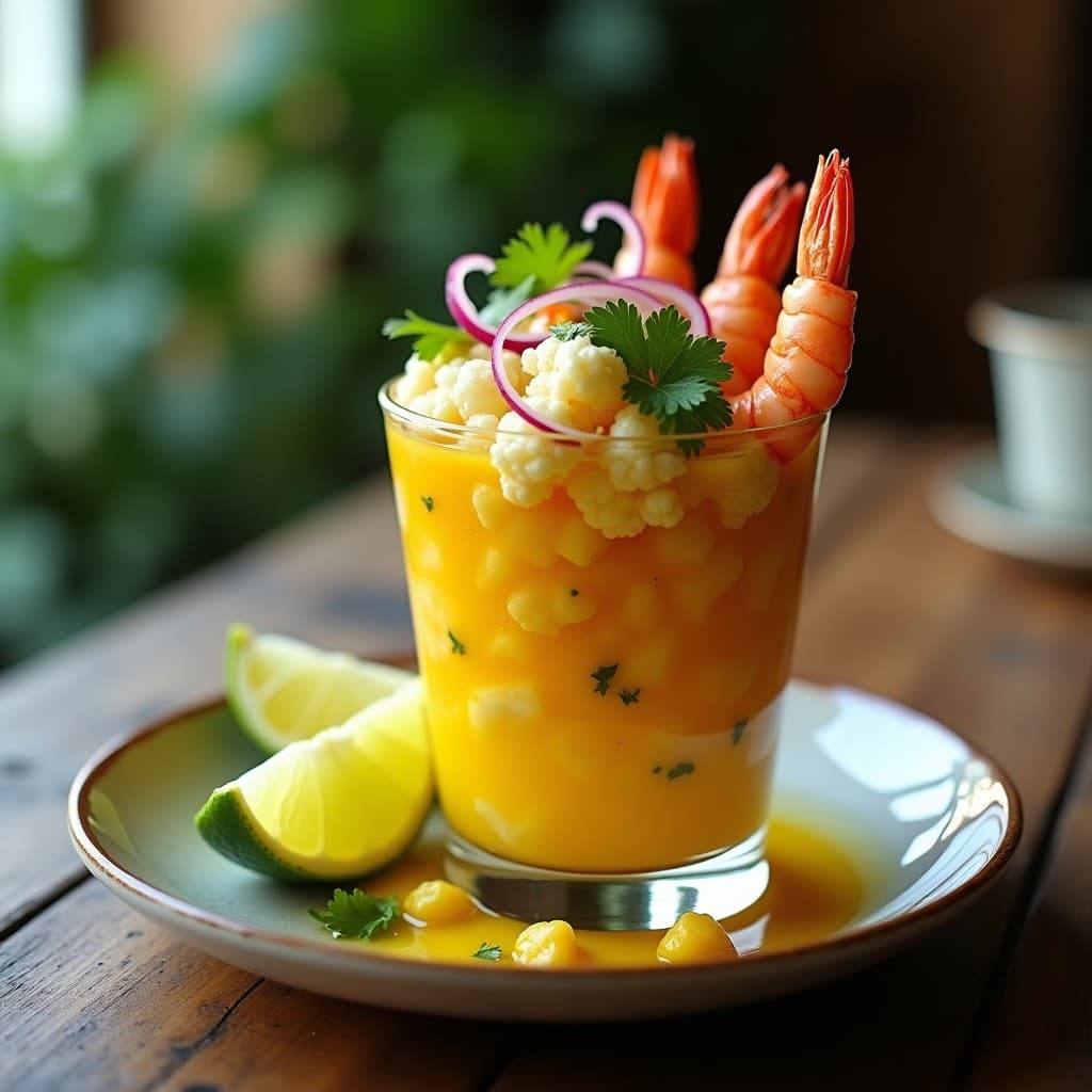 Ceviche peruano keto de coliflor cruda y langostinos cocidos en copa de cristal, bañado en leche de tigre amarilla con trozos de aguacate, cebolla morada y cilantro fresco, sobre fondo rústico.