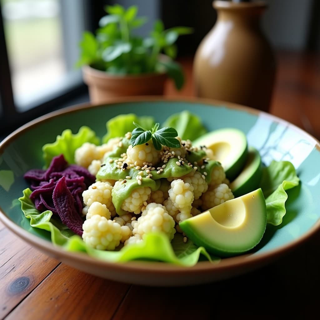 Ceviche vegano peruano de coliflor y marianos con leche de tigre verde, servido sobre hojas de lechuga romana, decorado con semillas de sésamo y rodajas de camote morado.