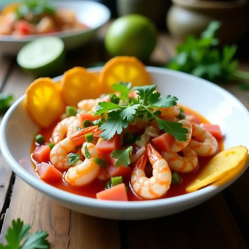 Ceviche ecuatoriano de conchas y camarón servido sobre hojas de lechuga romana, acompañado de chifles de plátano verde y decorado con cilantro fresco. Plato colorido con tonos vibrantes de naranja, verde y blanco, típico de la cocina costera ecuatoriana.