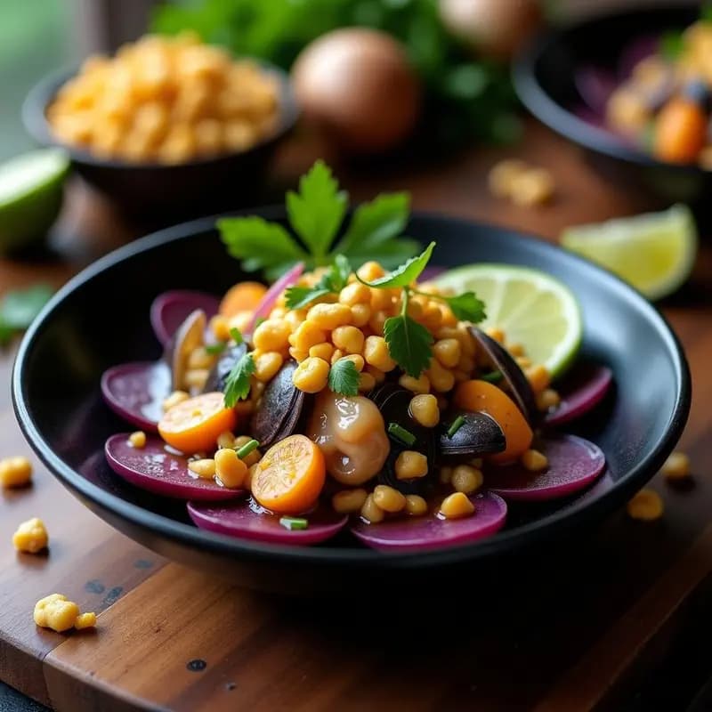 Plato hondo de cerámica negra con ceviche de conchas negras peruanas, bañadas en leche de tigre amarilla, acompañadas de rodajas de camote morado asado, cubos de papa amarilla, cancha serrana crujiente, cebolla roja en juliana y culantro fresco. Presentación gourmet con hielo picado al fondo.