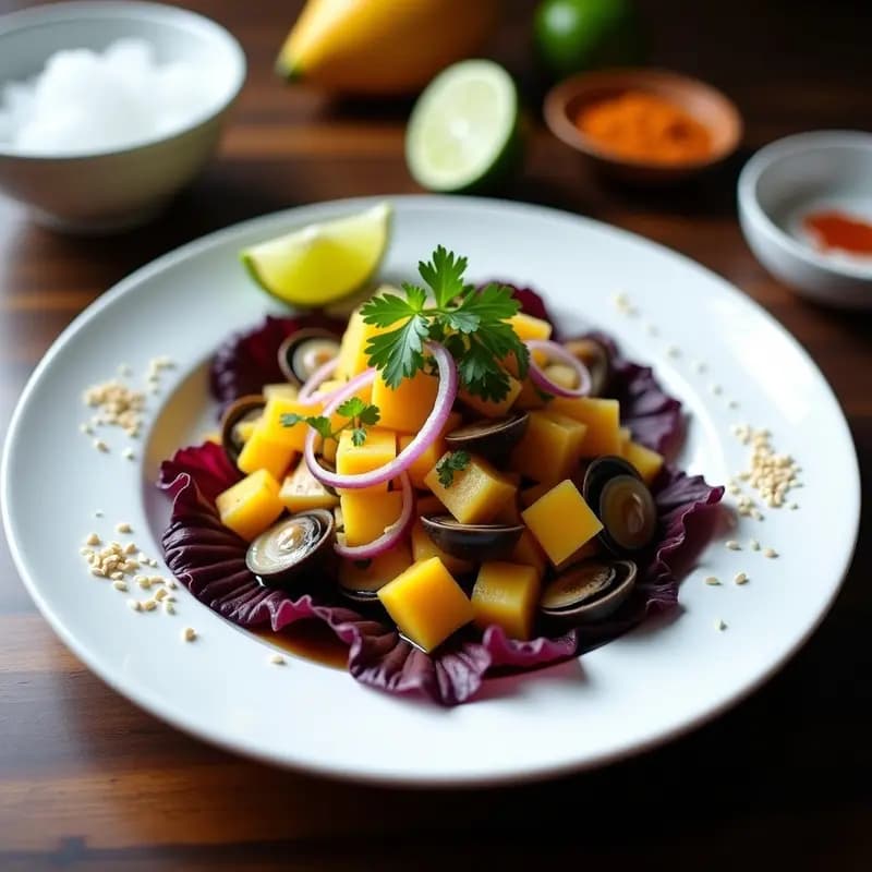 Plato blanco gourmet con ceviche de conchas negras marinadas en Tiger’s Milk de mango, decorado con semillas de sésamo, páprika ahumada y hojas de lechuga morada, acompañado de hielo picado y rodajas de limón verde.