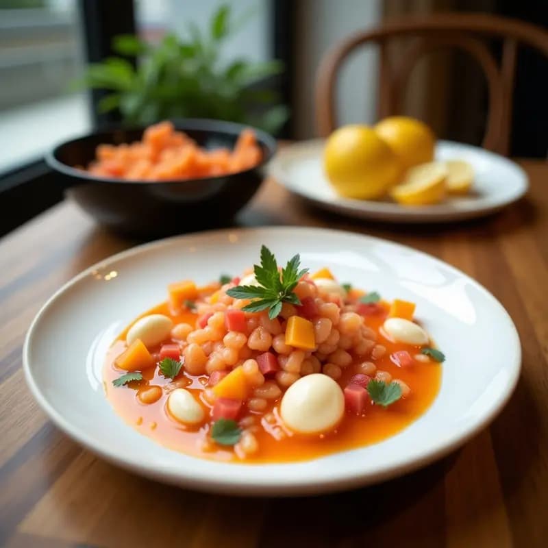 Ceviche de Coral de Atún y Frutos del Mar con Leche de Tigre Cítrica servido sobre hojas de lechuga morada en plato de cerámica blanca, decorado con semillas de sésamo, ralladura de lima y cilantro fresco.