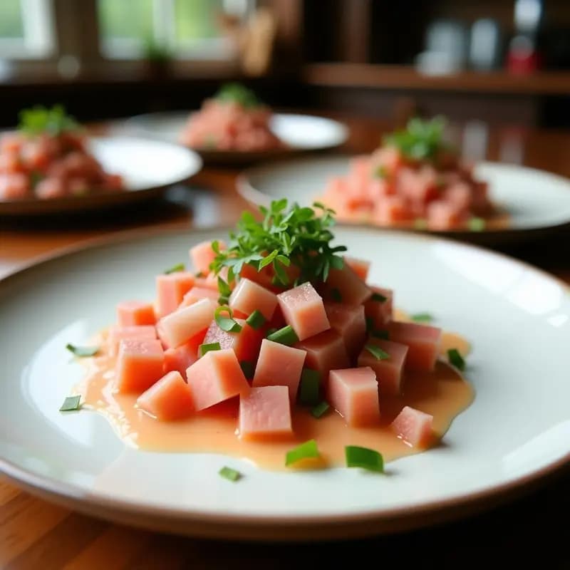 Ceviche de coral de atún y leche de coco servido en copa de cristal sobre fondo oscuro, con brotes de soja, semillas de sésamo tostadas y cilantro fresco. El coral de atún se ve rosado y jugoso, bañado en una salsa cremosa de leche de coco y tamarindo.