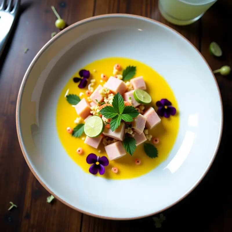 Plato blanco elegante con ceviche de coral trout en cubos, bañado en leche de tigre de maracuyá amarilla, decorado con rodajas de finger lime, cebolla morada, apio y cilantro fresco. Receta fusion peruano-australiana alta en proteínas.