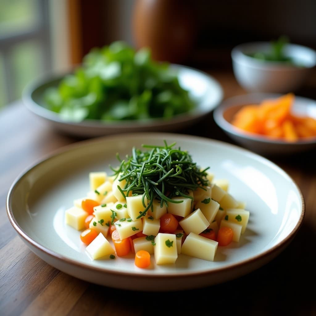 Ceviche vegano y marina en copa de cristal con corazón de alcachofa en cubos, algas nori tostadas en tiras, semillas de sésamo negro y cilantro fresco, bañado en cremosa leche de coco cítrica.