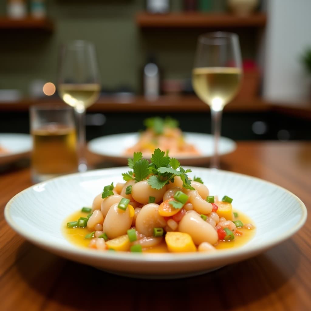 Ceviche de corazón de alcachofa y limón yuzu servido en plato blanco hondo, con rodajas finas de alcachofa marinadas en zumo de yuzu, decorado con semillas de sésamo, pimienta rosa, hojas de shiso y cilantro fresco. Receta vegetal peruana sin pescado.