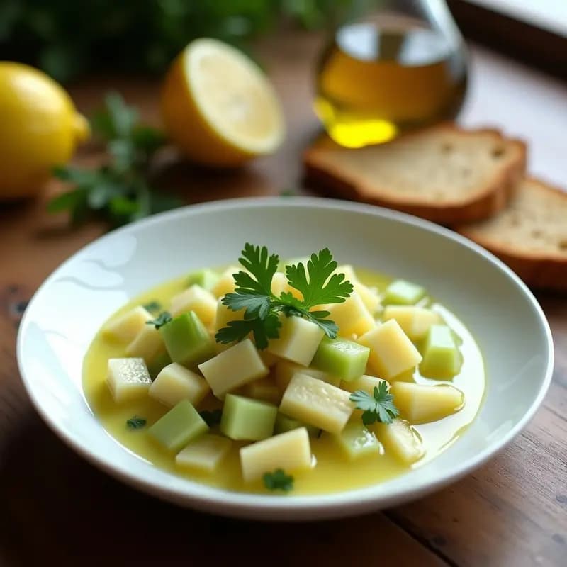 Plato blanco con ceiche vegano de corazón de apio y manzana verde, bañado en leche de limón, decorado con cilantro fresco y rodajas de limón. Acompañado de hojas de lechuga y maíz tierno.