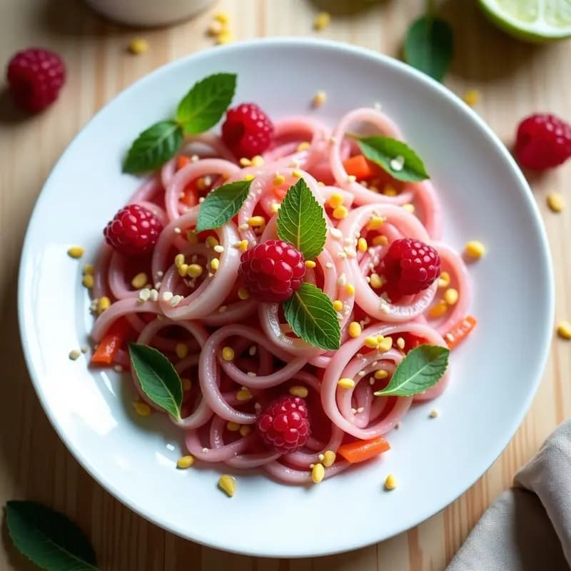 Ceviche vegano elegante de corazón de palma con aceitunas de oliva y vinagre de frambuesa, servido en capas con frambuesas frescas, semillas de sésamo y hojas de menta en un plato blanco minimalista.