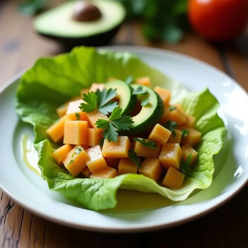 Plato blanco con ceviche de corazón de palma y lulo, servido sobre hojas de lechuga romana, decorado con cubos de aguacate y cilantro fresco. Entrante colombiano vegano con vinagreta de cilantro.