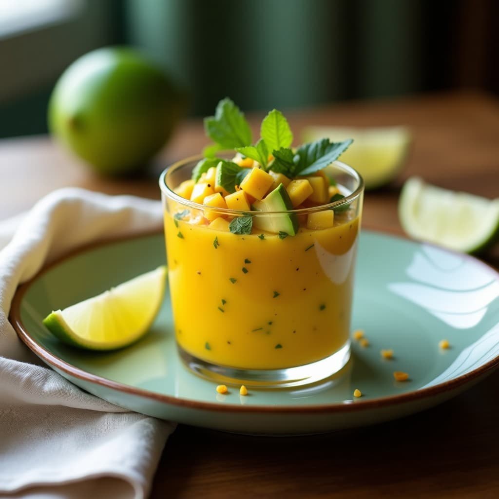 Ceviche vegano brasileño de corazón de palmera en cubos, maracuyá y leche de tigre amarilla, decorado con aguacate, cilantro y hojas de menta en una copa de cristal transparente sobre fondo rústico de madera.
