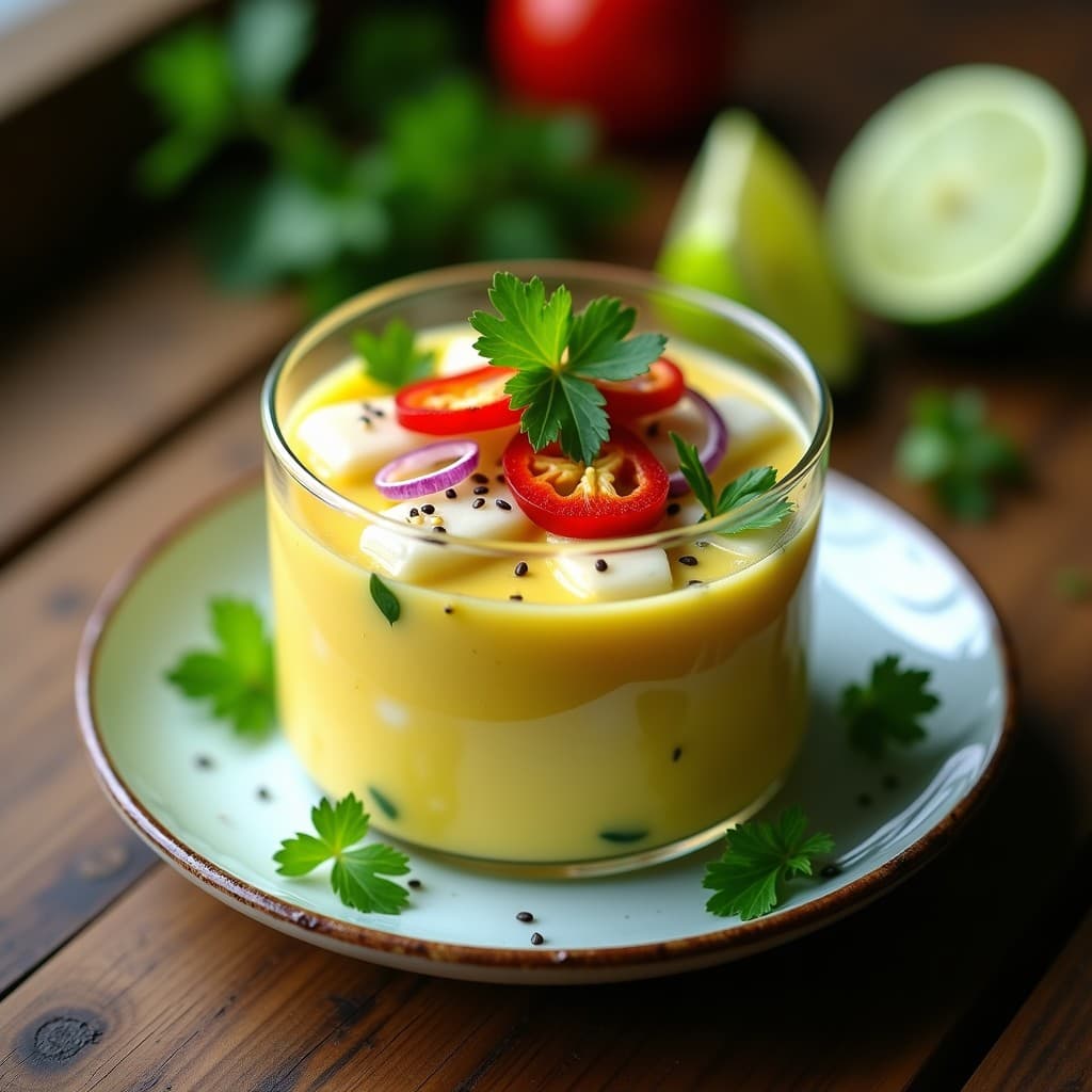 Ceviche de coriander y palmitos vegano brasileño en copa de cristal, con rodajas de palmitos marinado en leche de tigre cremosa, cilantro fresco, semillas de sésamo y decoración de hojas de menta. Plato colorido y fresco sobre fondo de madera rústica.