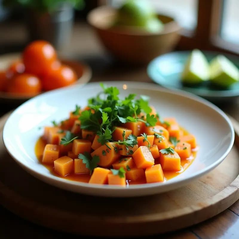 Plato blanco hondo con ceviche de coriandro y camote vegetal peruano, decorado con hojas de coriandro fresco, maní tostado y rodajas de limón verde. El camote naranja en cubos brilla con la leche de limón, rodeado de cebolla morada y pimiento rojo en juliana.