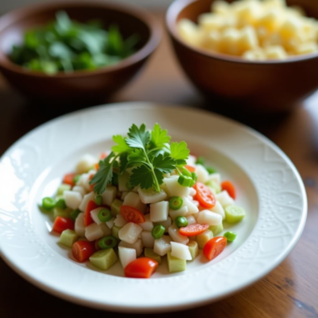 Ceviche vegano de coriandro y palma de coco servido en tostadas de pan de centeno, con semillas de sésamo tostadas y hojas de coriandro fresco. Plato fresco y colorido típico de la costa francesa.