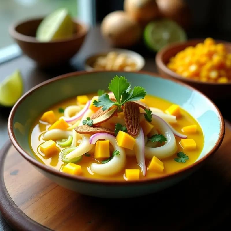Plato de ceviche de corvozón con mango y leche de cúrcuma servido sobre hojas de lechuga morada, decorado con anacardos tostados y cilantro fresco, con rodajas de limón sutil al lado.