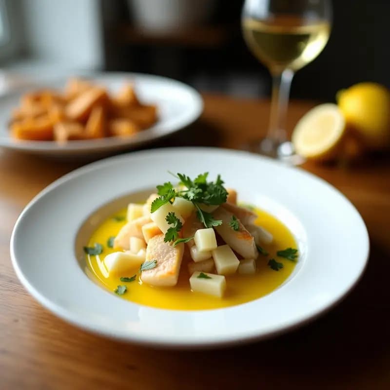 Plato blanco ovalado con ceviche de corvina y algas, trozos de pescado blanco marinado en vinagreta de limón, mezclado con algas nori y wakame, cebolla morada, pimiento amarillo y semillas de sésamo. Decorado con hojas de cilantro y rodajas de limón verde al lado.
