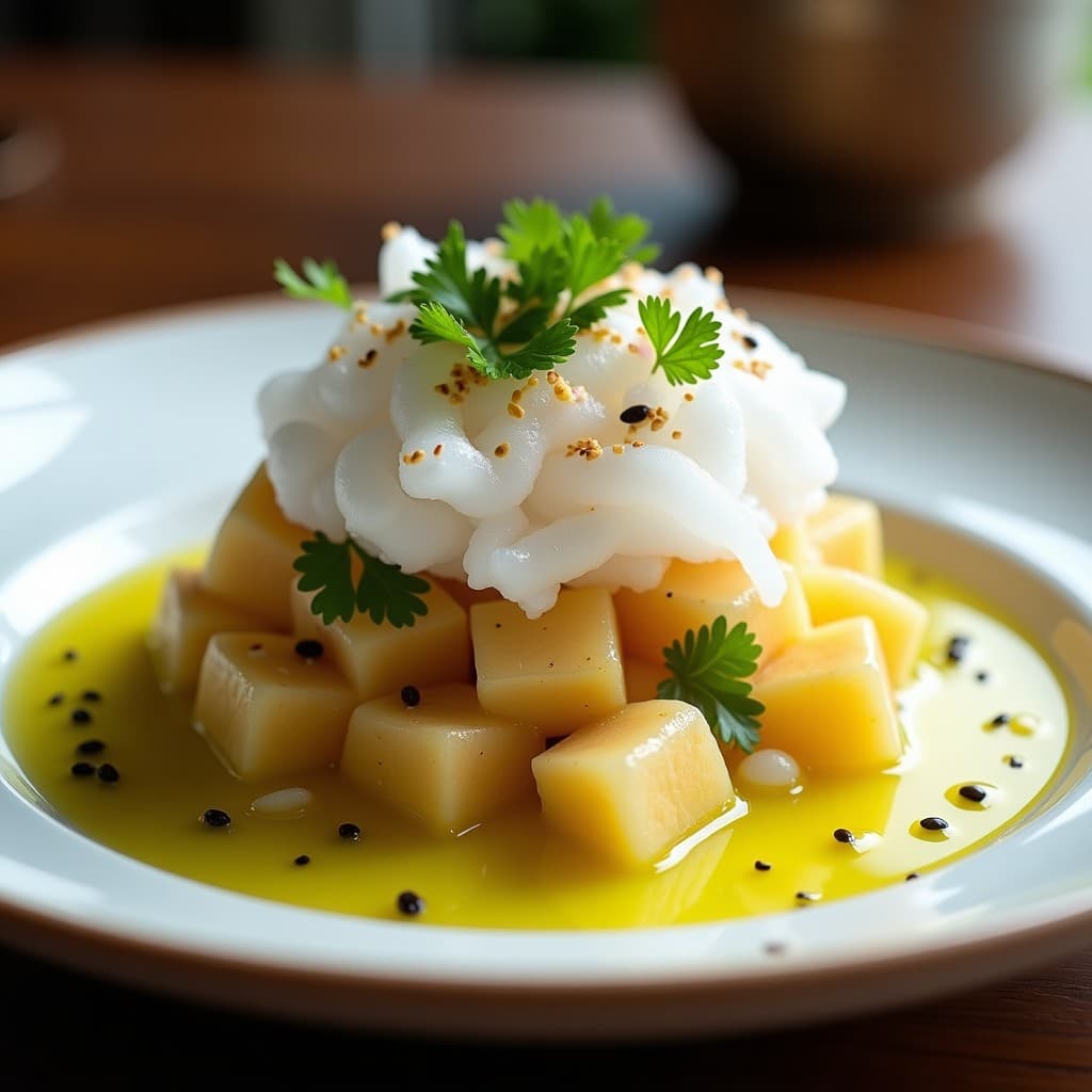Plato de ceviche de corvina y algodón de azúcar con leche de tigre de yuzu, decorado con semillas de sésamo, pimienta rosa y cilantro fresco sobre fondo blanco.