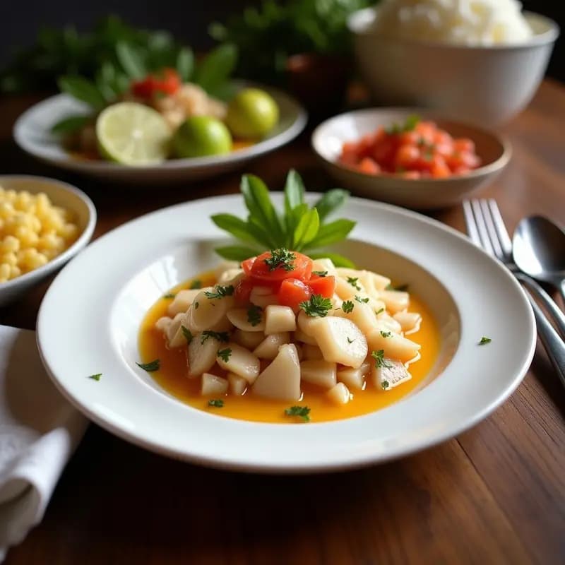 Ceiche de corvina en copa de cristal con leche de coco cremosa, trozos de lulo, cebolla morada, tomate cherry y hierbabuena, receta ecuatoriana fresca y exótica.
