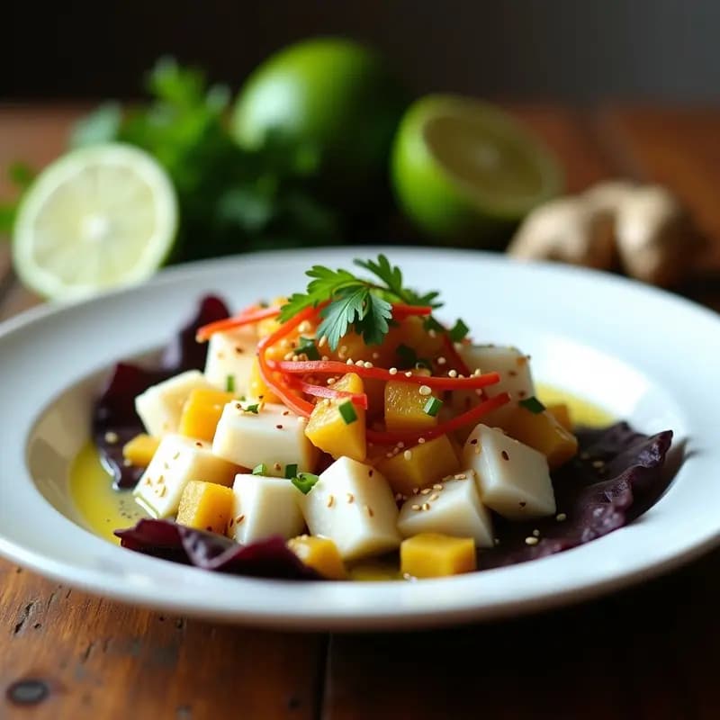 Plato hondo de cerámica blanca con ceviche de corvina en cubos, bañado en leche de coconut cremosa con pasas rubias y trozos de pimiento rojo, decorado con hojas de cilantro fresco y acompañado de cancha serrana tostada sobre hojas de lechuga morada. Receta peruana gourmet sin cebolla.