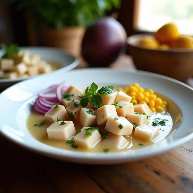 Ceviche de corvina y leche de cocotero servido en hojas de lechuga morada, con trozos de corvina marinado en una salsa cremosa amarilla, acompañado de cancha serrana tostada y culantro fresco. Plato fresco y colorido, típico de la cocina peruana sin gluten.