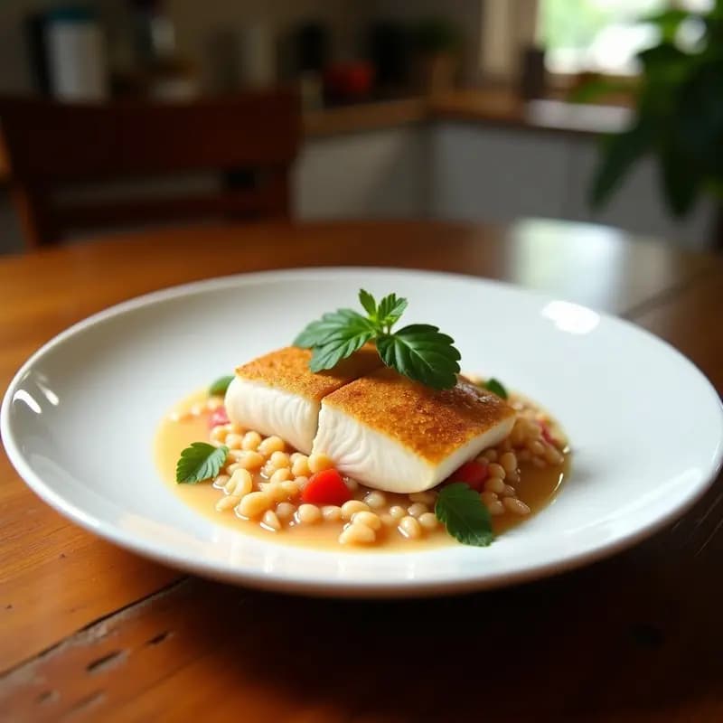 Plato de ceviche de corvina con leche de limón y maíz morado servido sobre hojas de lechuga, acompañado de rodajas de camote morado y decorado con culantro fresco.