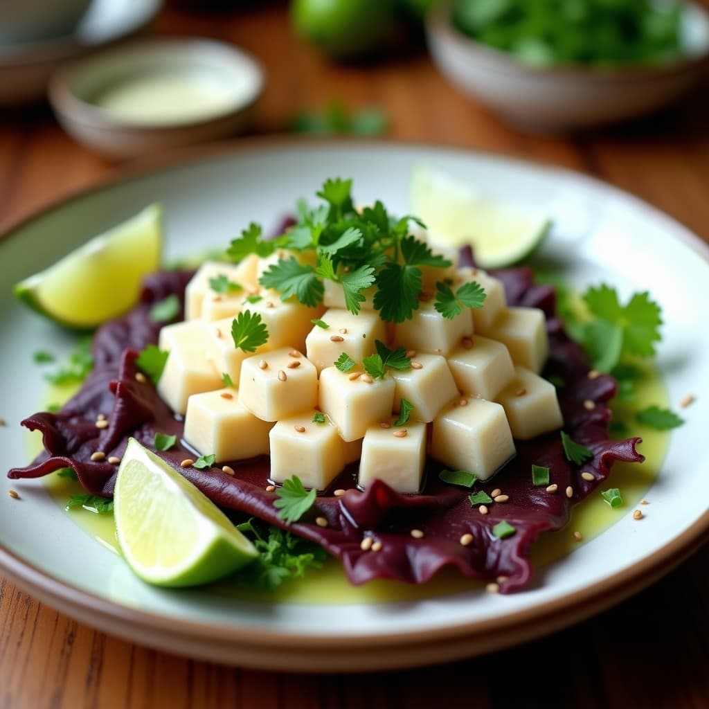 Ceviche de corvina con leche de tigernut y cilantro servido sobre hojas de lechuga morada, decorado con semillas de sésamo y un chorrito de aceite de oliva, en un plato blanco rústico.