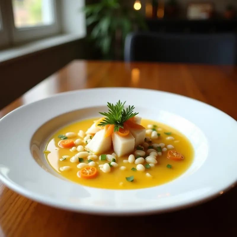 Ceviche de corvina con leche de tigre de jengibre servido en plato blanco, con cubos de pescado marinado, juliana de cebolla morada, pimiento rojo, algas nori y semillas de sésamo. Decorado con cilantro fresco y un toque de aceite de sésamo.