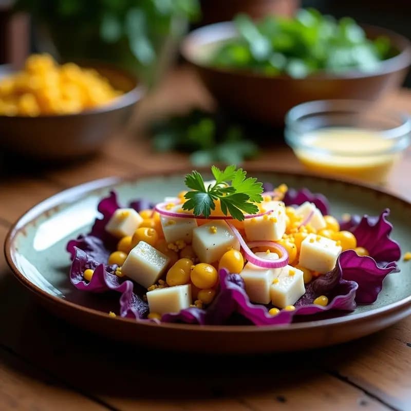 Plato hondo de cerámica negra con ceviche de corvina marinado en leche de tigre de cloruro de magnesio, acompañado de rodajas de papa amarilla, camote morado y hojas de lechuga morada, decorado con culantro fresco y un hilo de aceite de oliva.