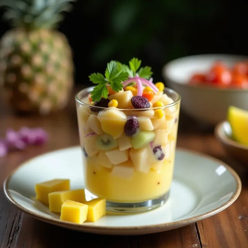 Ceviche de corvina con leche de tigre sin cítricos servido en copa de cristal, con trozos de corvina marinada, cebolla morada, apio, maíz tierno y camote morado, decorado con hojas de culantro y cubitos de piña fresca. Receta peruana para estómagos sensibles.