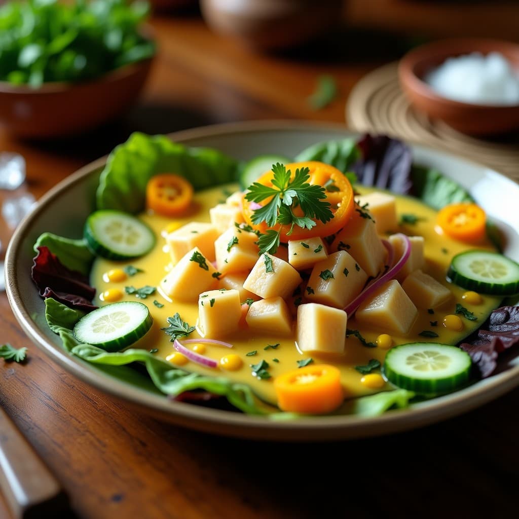 Plato de ceviche de corvina y leche de tigre de tucupí servido sobre hojas de lechuga morada, decorado con maíz tostado y rodajas de ají amarillo, con un toque de hielo para mantener la frescura.