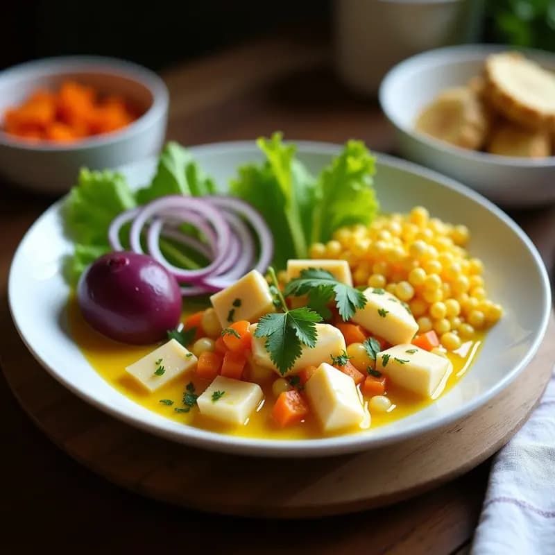 Plato de ceviche de corvina con leche de tigreamarillo servido sobre hojas de lechuga morada, acompañado de camote morado en cubos y cancha serrana, con un fondo de ají amarillo y limones verdes cortados.