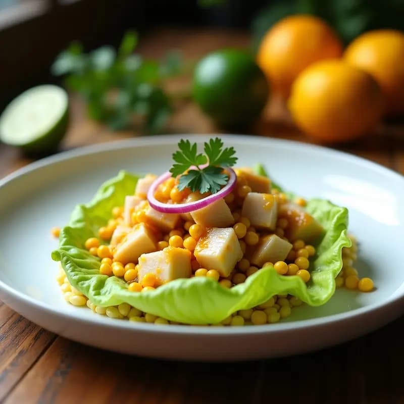 Plato hondo de cerámica blanca con cevis de corvina en cubos, marinado en leche de tigre, sobre una base de lechuga romana fresca y granos de maíz amarillo, decorado con cilantro y rodajas de limón verde, con un fondo rústico de madera.