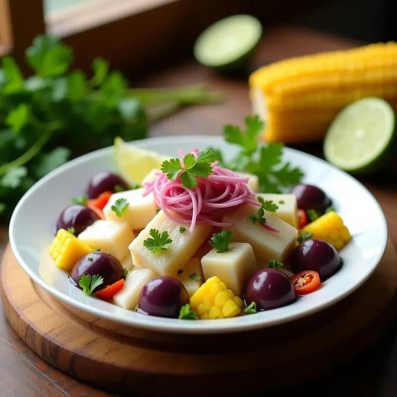 Ceviche peruano de corvina con limón y cilantro servido en plato blanco hondo, rodeado de rodajas de camote morado y trozos de choclo, decorado con hojas de cilantro fresco y gajos de limón verde.