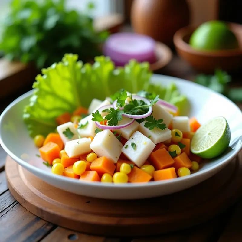 Plato hondo de cerámica blanca con ceviche de corvina y limón verde, cubos de camote naranja, granos de choclo amarillo y hojas de lechuga romana. Decorado con rodajas de limón verde y culantro fresco. Receta peruana fresca y colorida.
