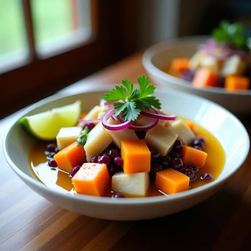 Plato de ceviche peruano de corvina con cubos de camote naranja, granos de maíz morado y leche de tigre, decorado con culantro y rodajas de limón verde sobre una fuente de barro rústico.