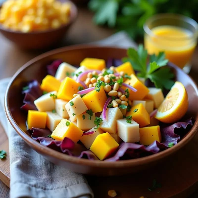 Ceviche peruano de corvina y mango con tigre’s milk de ají amarillo servido en plato de barro, con rodajas de mango fresco, cilantro picado y trozos de corvina marinada en un caldo cítrico amarillo intenso.